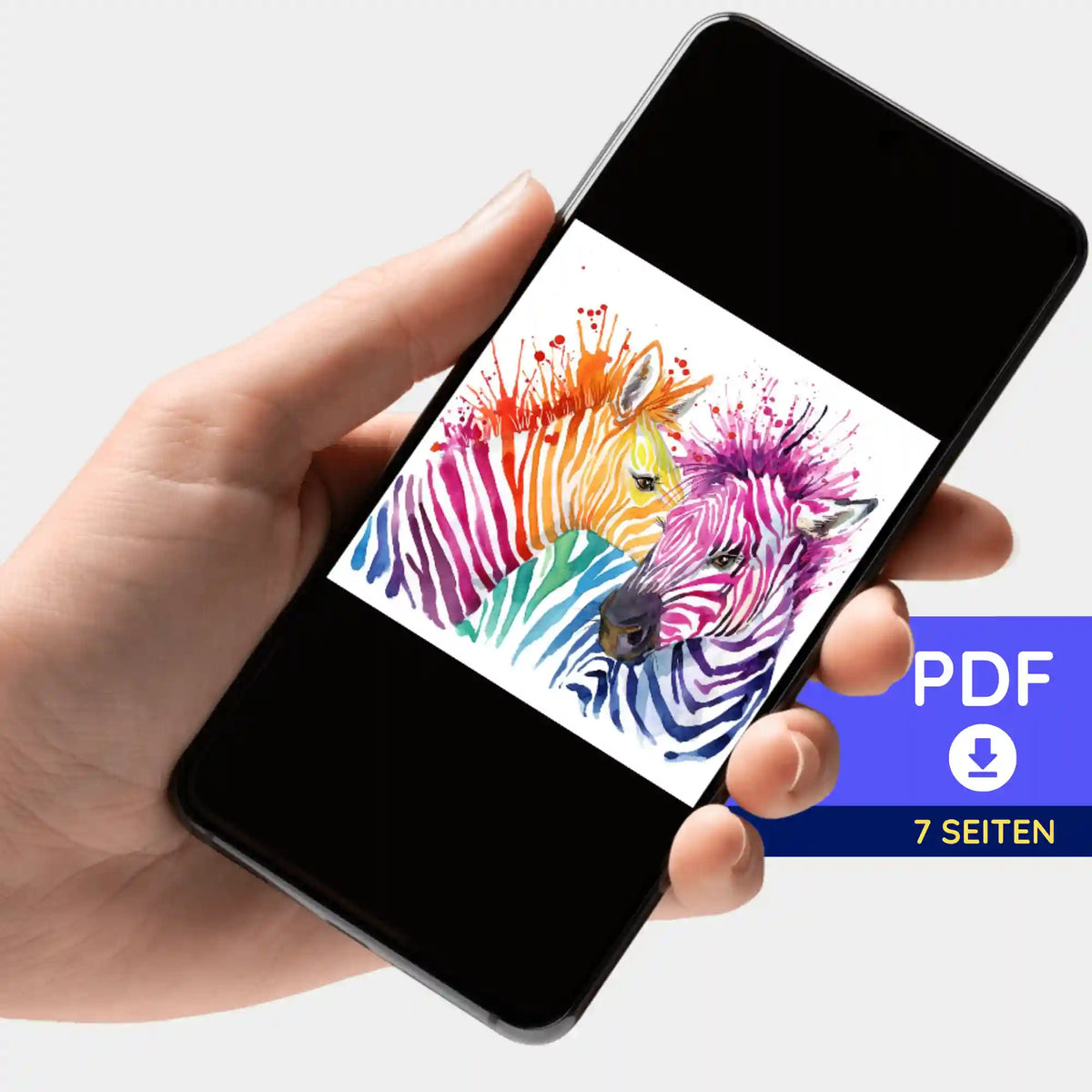Smartphone mit digitaler PDF-Bildmappe: Bunte Zebras als Vorlage für Diamond Painting oder Malen nach Zahlen