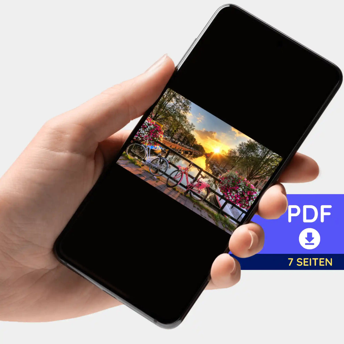 Digitale PDF-Bildmappe für Diamond Painting oder Malen nach Zahlen mit Motiv Sonnenuntergang in Amsterdam auf Smartphone