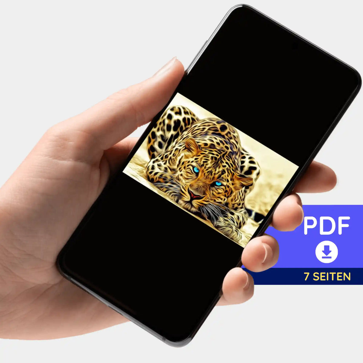 Digitale PDF-Bildmappe mit Leopard-Motiv für Diamond Painting und Malen nach Zahlen auf dem Smartphone