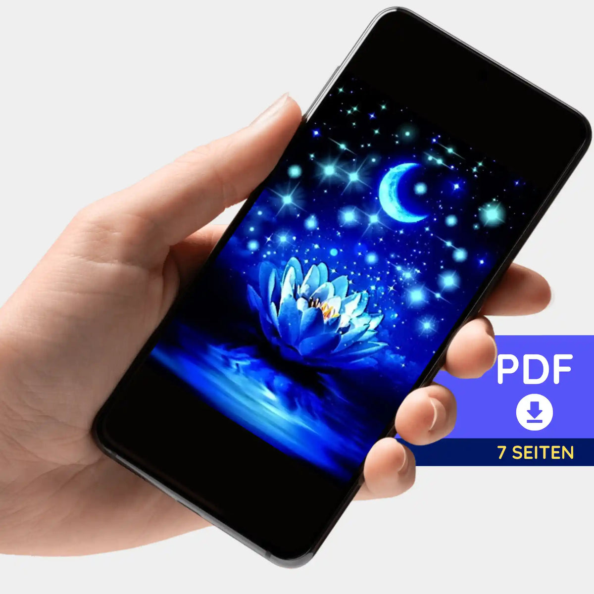 Digitale PDF-Bildmappe Diamond Painting Blaue Seerose auf Smartphone im 7-Seiten-Download