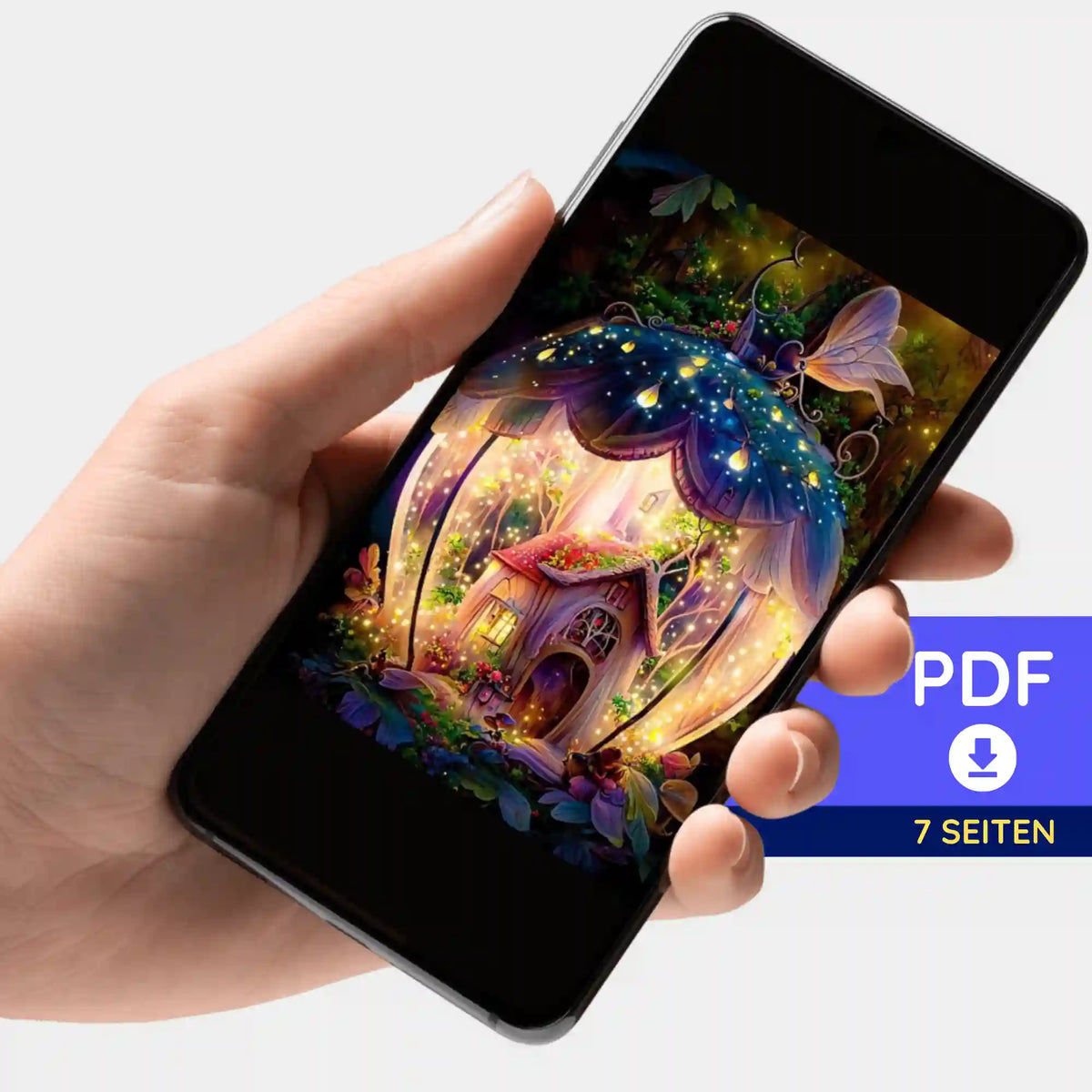 Smartphone mit digitaler 7-Seiten-PDF-Bildmappe für Diamond Painting Motiv Fantasiehaus