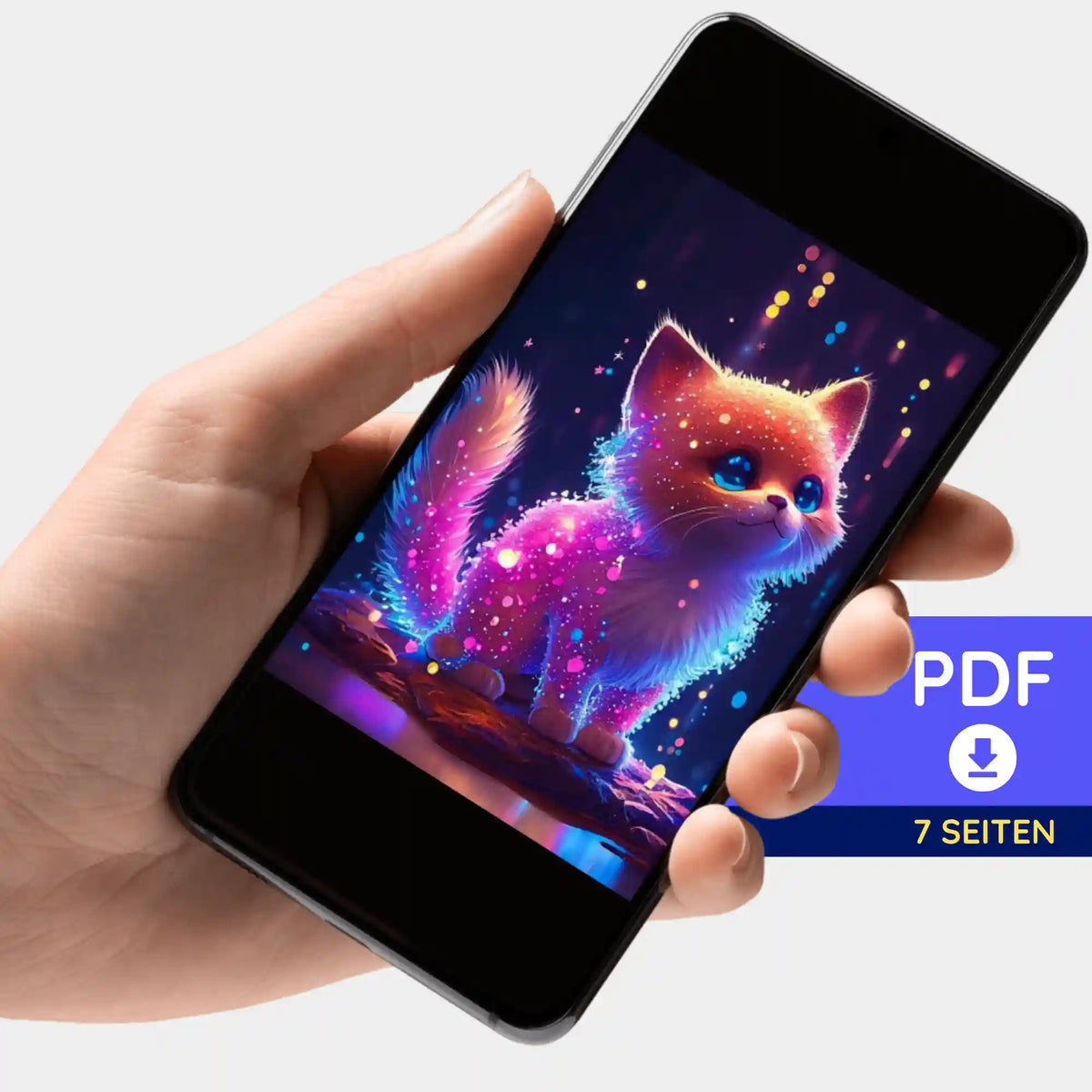 Digitale PDF-Bildmappe mit süßem glitzerndem Katzen-Motiv zum Diamond Painting und Malen nach Zahlen auf dem Smartphone.