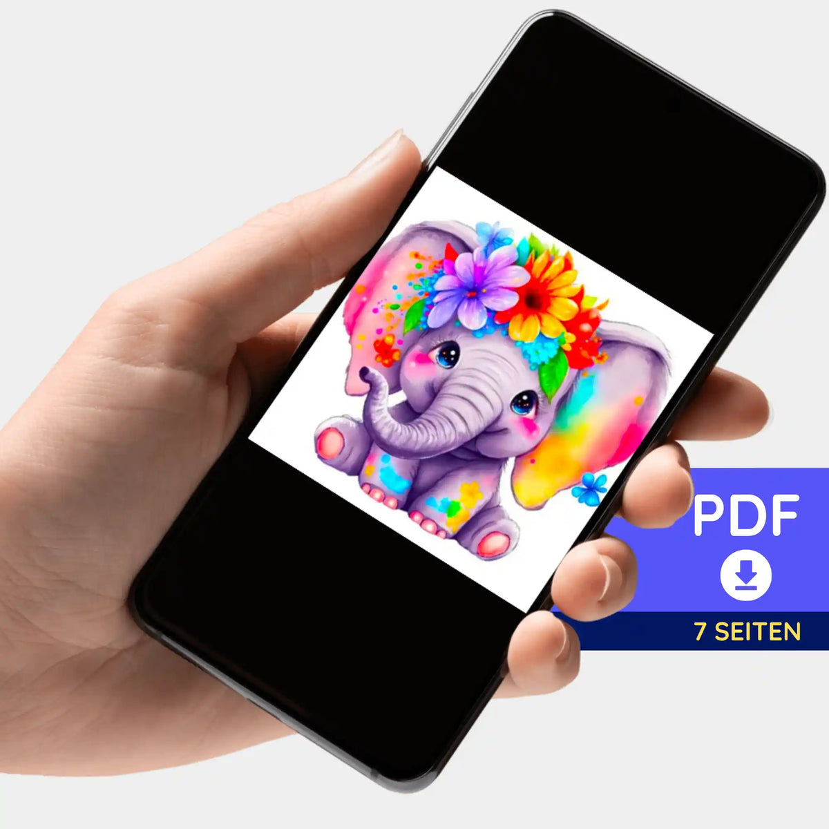 Digitale PDF-Bildmappe mit süßem Blumenelefant für exklusive Diamond Painting und Malen nach Zahlen Vorlagen