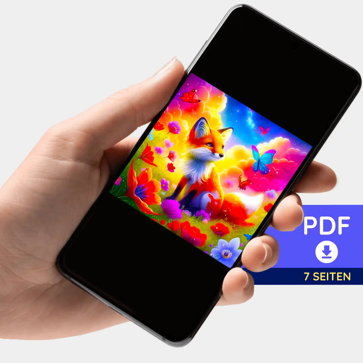 Digitale Diamond Painting PDF-Mappe mit buntem Fuchs-Motiv in einer Hand auf dem Smartphone angezeigt