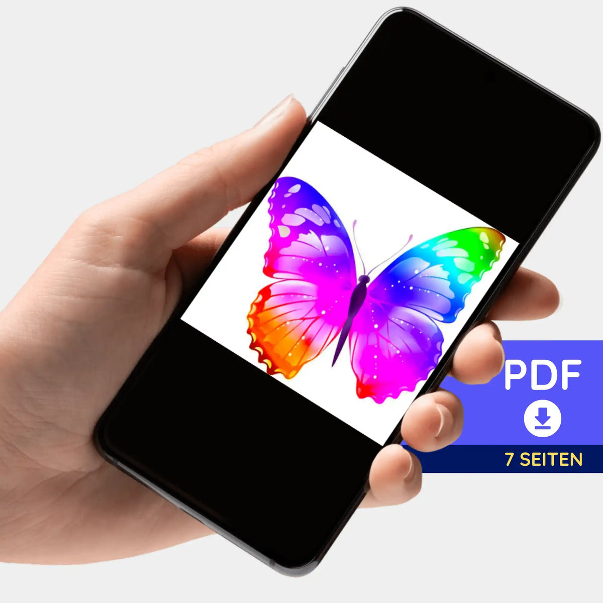 Digitale PDF-Bildmappe mit buntem Schmetterling für Diamond Painting und Malen nach Zahlen auf dem Smartphone