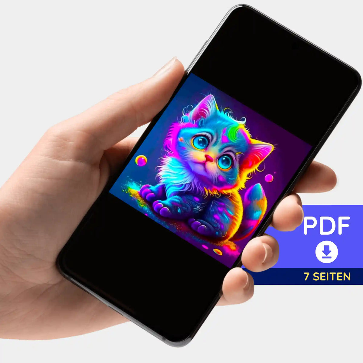 Digitale Picmondoo Bildmappe als PDF mit buntem Rainbow Kitty Motiv für Diamond Painting und Malen nach Zahlen Sets