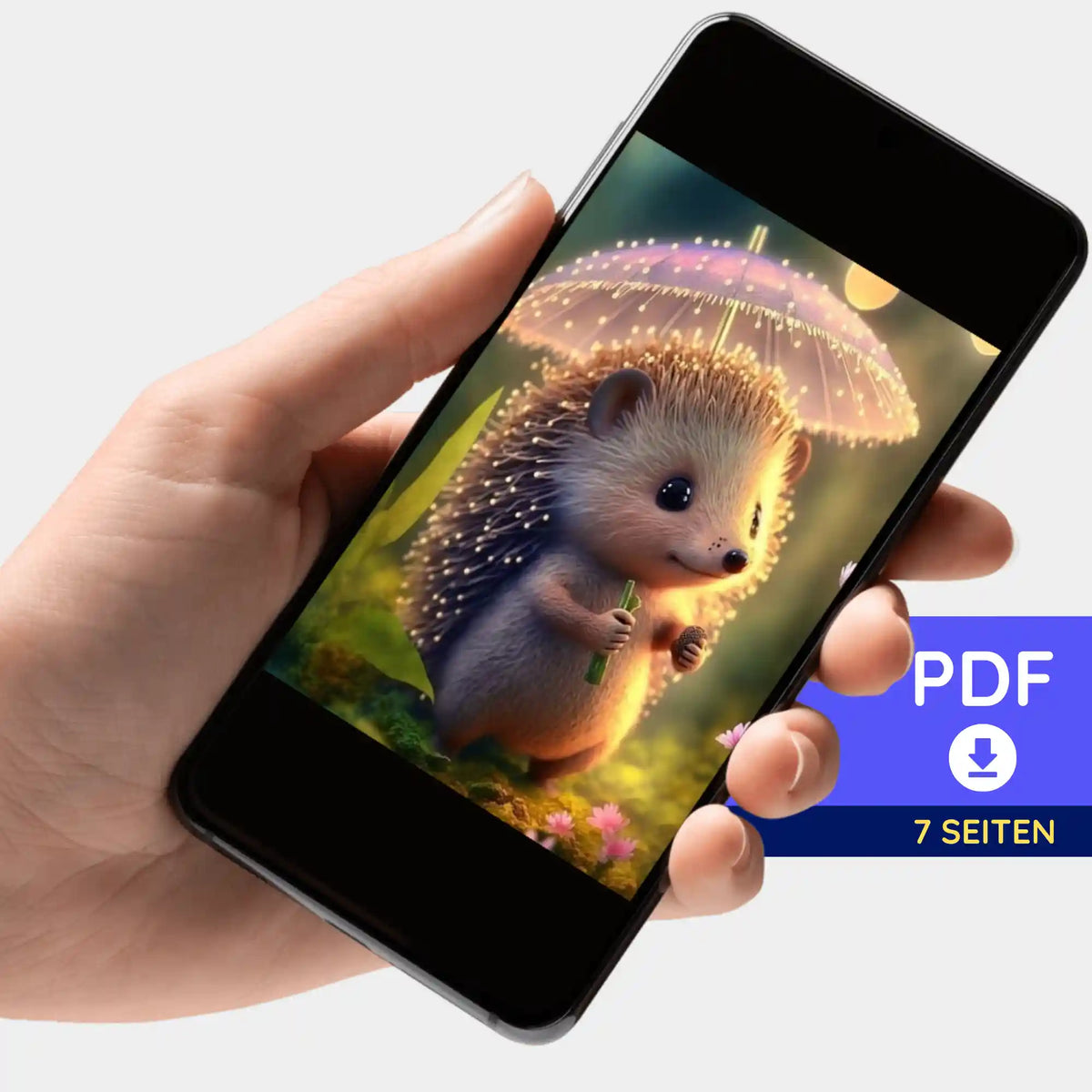Digitale PDF-Bildmappe mit Igel-Motiv: Ein Diamond Painting Design auf dem Smartphone zum Download bereit.
