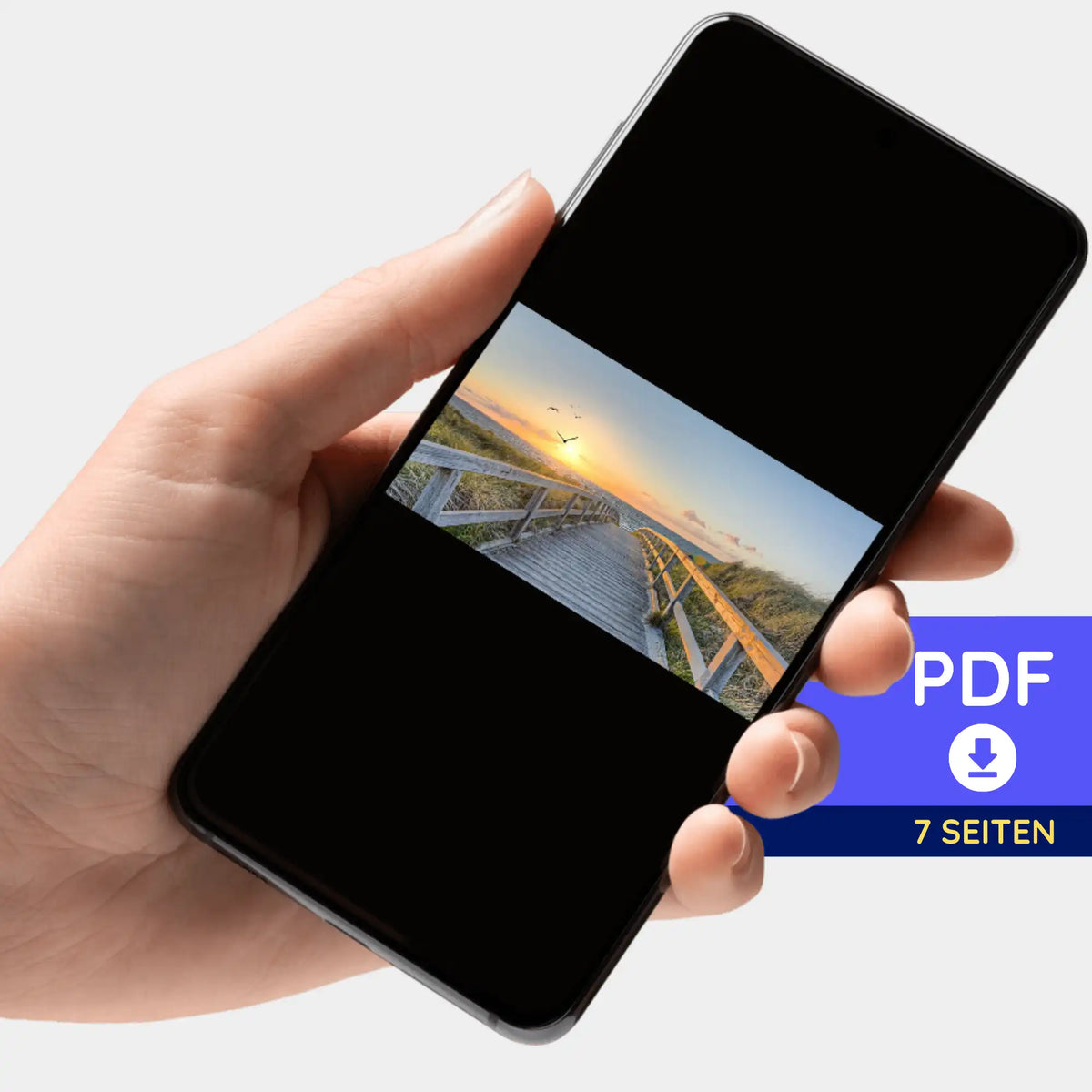 Digitale PDF-Bildmappe mit Diamond Painting Motiv Strand der Ruhe auf dem Smartphone zum Download für kreative Bastler.
