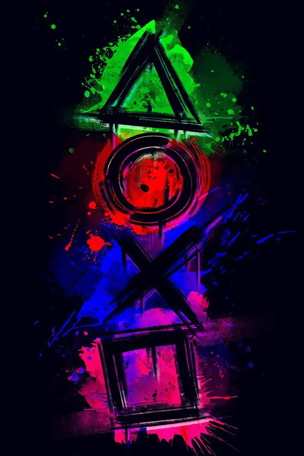 Diamond Painting Leuchtbild mit buntem Gaming-Controller-Symbol im abstrakten Splash-Art-Design für Gamer.