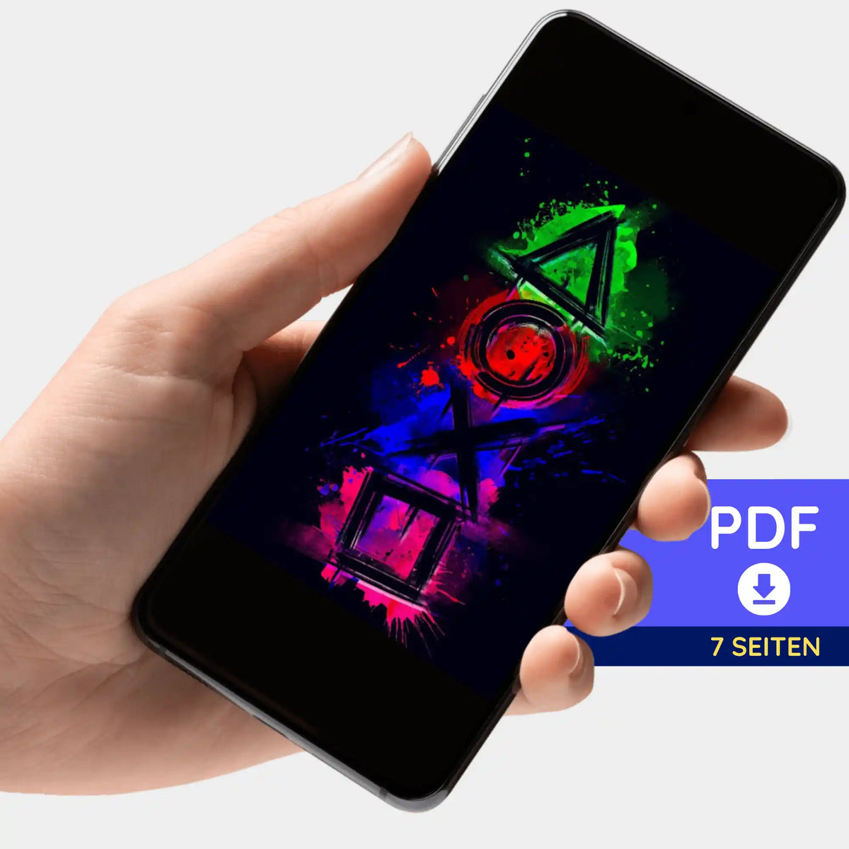 Digitale Diamond Painting PDF-Mappe Motiv Play the Game auf einem Smartphone als 7-seitiger Download