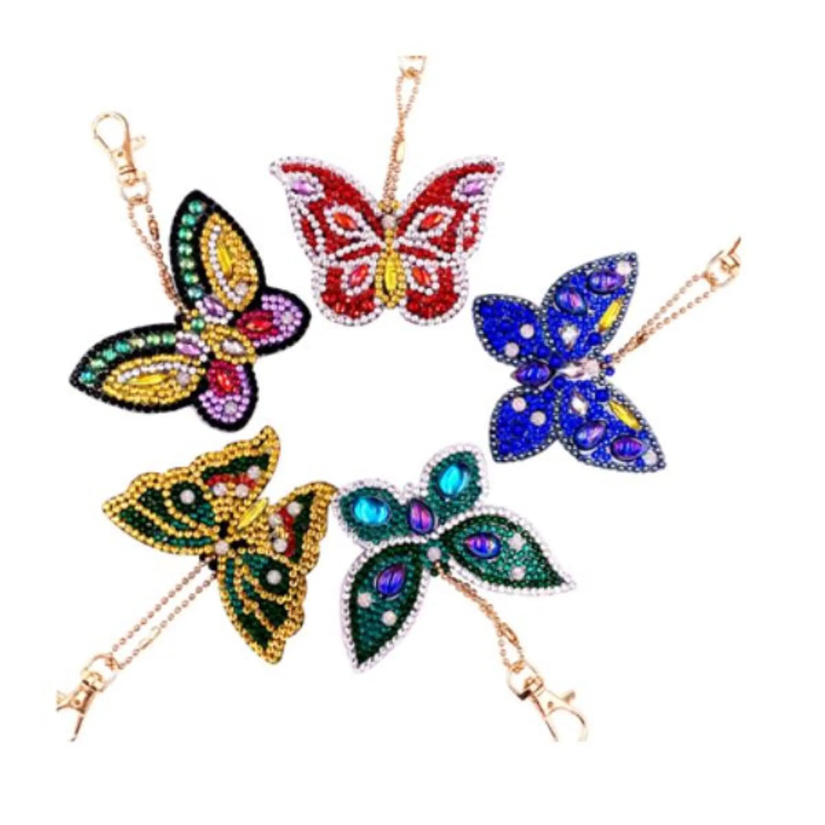 Fünf bunte Schmetterling Diamond Painting Schlüsselanhänger mit funkelnden Glitzersteinen und Metallketten