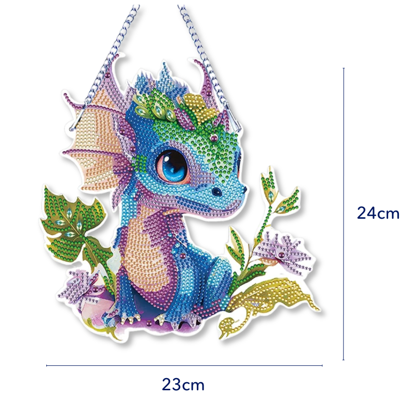 Diamond Painting Aufhänger als bunter Babydrache mit glitzernden Steinen als dekorative Wanddekoration für Zuhause