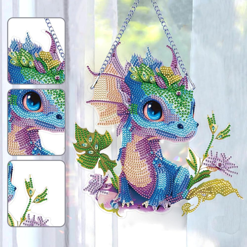Diamond Painting XXL Aufhänger mit süßem buntem Drachen als Wanddekoration aus funkelnden Glitzersteinen