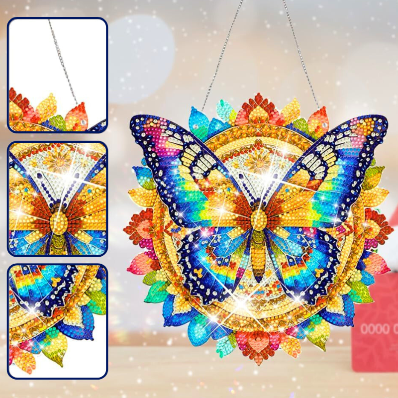 Glitzernder Diamond Painting Aufhänger als bunter Schmetterling mit Mandala-Design für eine strahlende Wanddekoration
