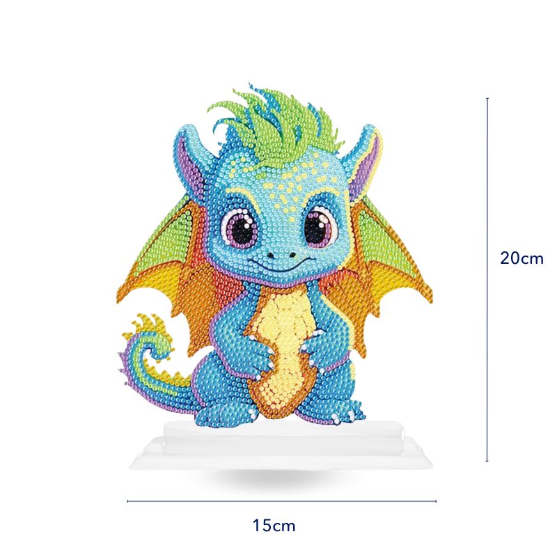Bunter Diamond Painting Aufsteller: Süßer Baby Drache mit glitzernden Steinchen, 20 cm hoch, ideale Deko für DIY-Fans.