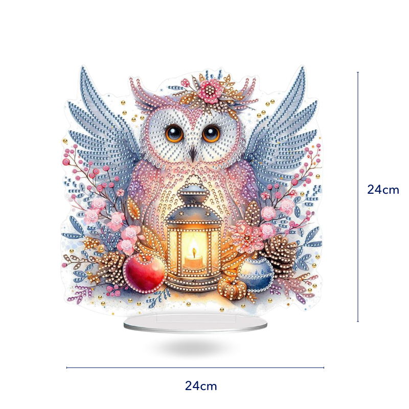 Diamond Painting Aufsteller Wintereule mit leuchtender Laterne, bunten Blumen und funkelnden Glitzersteinen