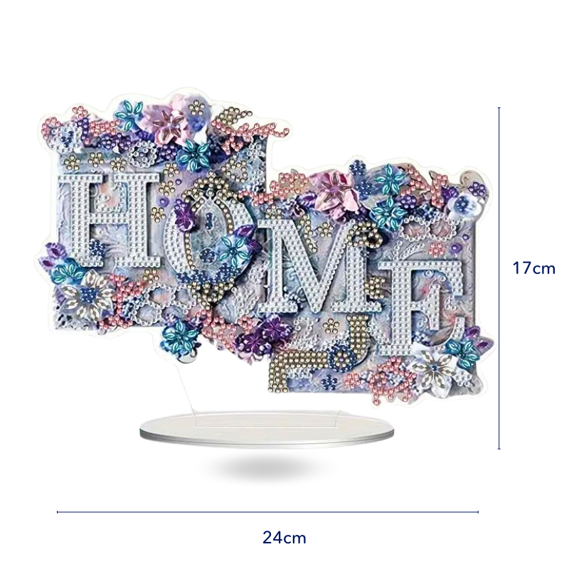 Diamond Painting Aufsteller Home mit buntem Blumenmotiv und funkelnden Steinen als dekorative Home-Deko