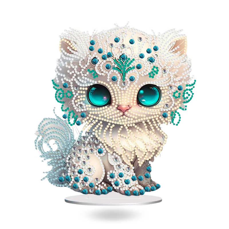 Dekorativer Diamond Painting Aufsteller weiße Katze mit glitzernden Schmucksteinen in Türkis für DIY-Fans