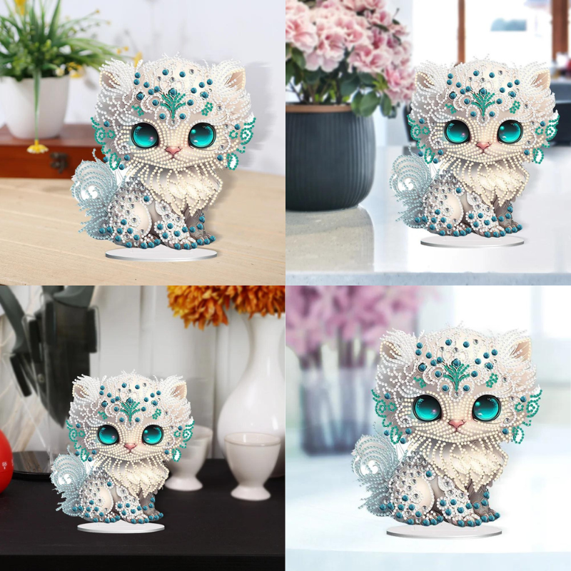 Diamond Painting Aufsteller White Cat, Deko-Figur mit glitzernden Steinen als Zubehör für dein Diamond Painting Hobby.