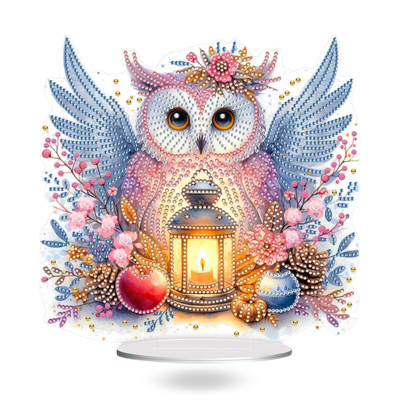 Diamond Painting Aufsteller Wintereule mit leuchtender Laterne, herbstlichen Blumen und glitzernden Schmucksteinen