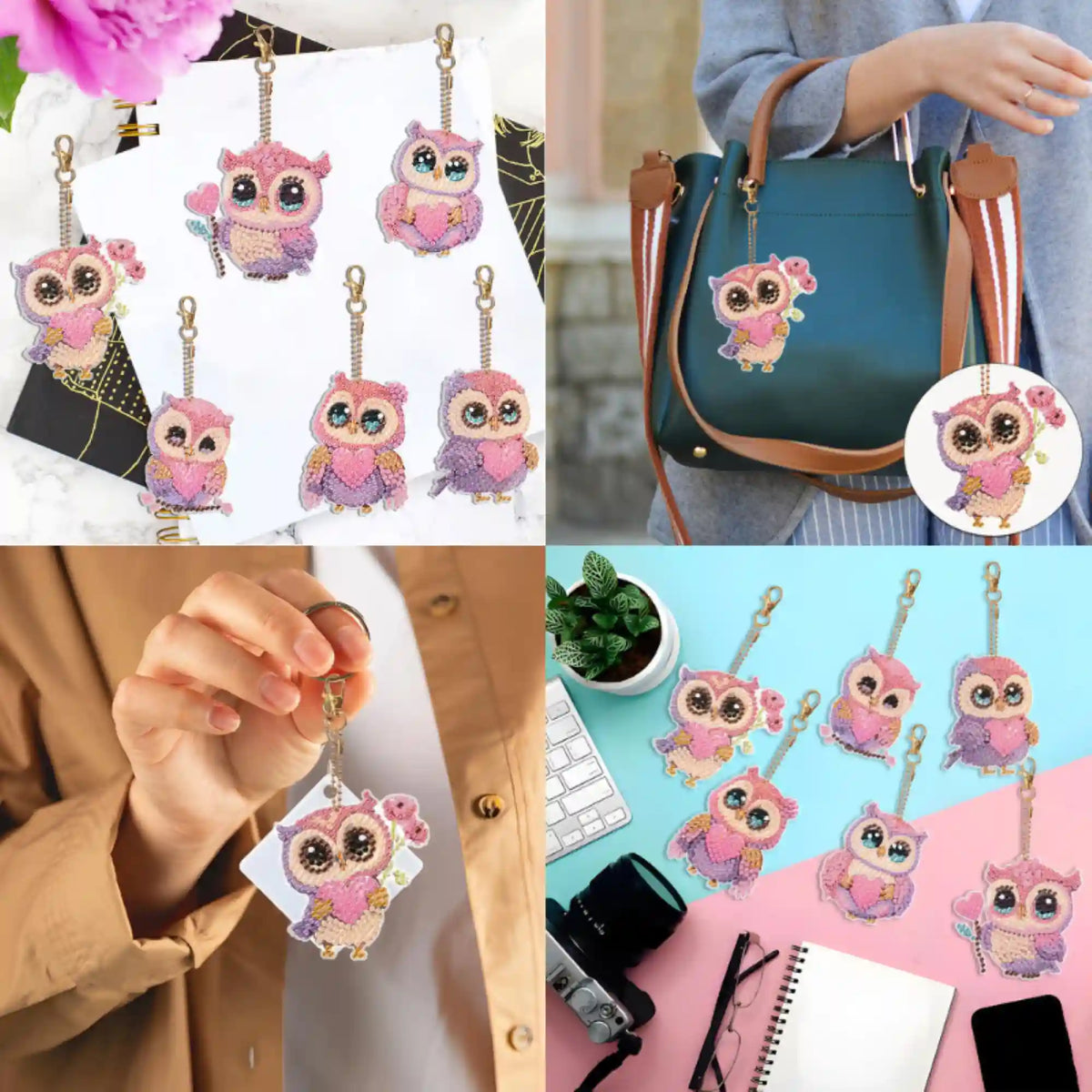 Diamond Painting Schlüsselanhänger Set mit süßen Eulen in Rosa und Violett für funkelnde DIY-Accessoires
