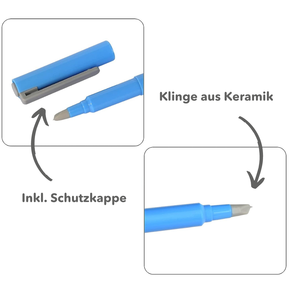 Blauer Diamond Painting Schutzfolienschneider mit Keramikklinge und praktischer Schutzkappe für präzises Arbeiten.