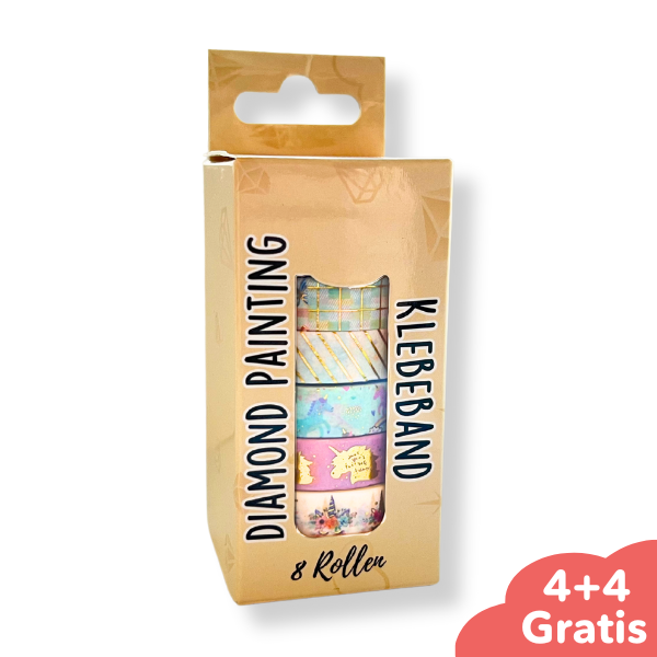 Diamond Painting Klebeband 4+4 Vorteilspack mit 8 Rollen Washi Tape für gerade Steinreihen beim Diamanten Painting