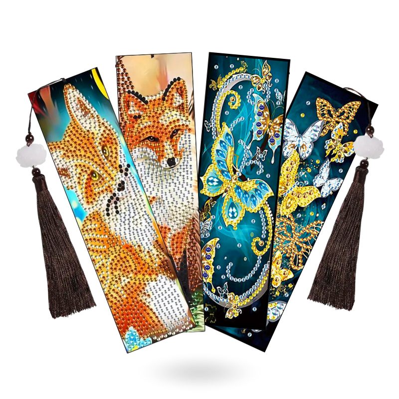 Diamond Painting Lesezeichen 2er Set mit buntem Fuchs und Schmetterling Motiv inklusive Glitzersteinen und Quasten