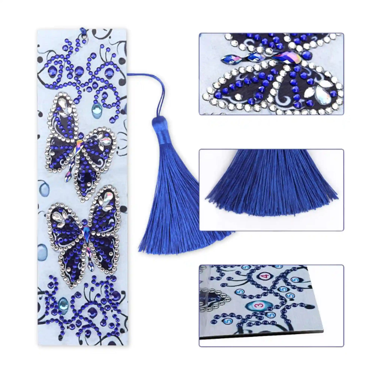 Diamond Painting Lesezeichen Set mit Schmetterling-Motiv, blauen Glitzersteinen und eleganter Quaste für Bücherwürmer