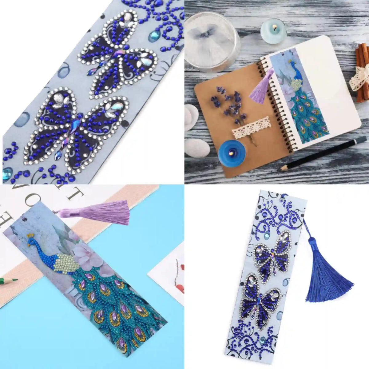 Diamond Painting Lesezeichen 2er Set: Schmetterling & Pfau Motiv mit funkelnden Steinen als DIY Bastelset für Bücherwürmer