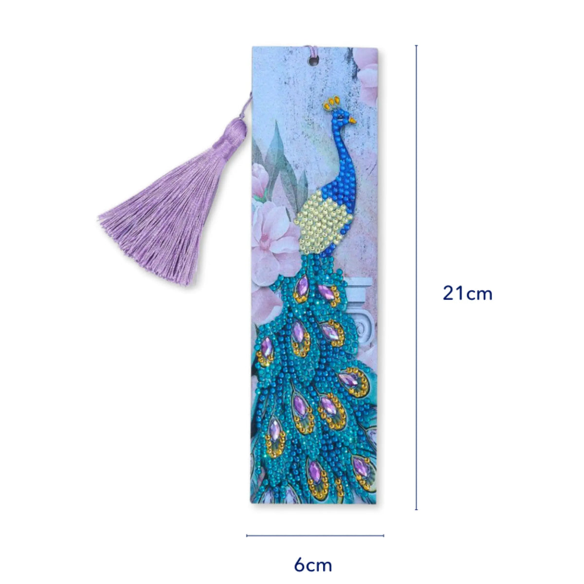Diamond Painting Lesezeichen Set mit glitzerndem Pfau Motiv und fliederfarbener Quaste für Bücherliebhaber