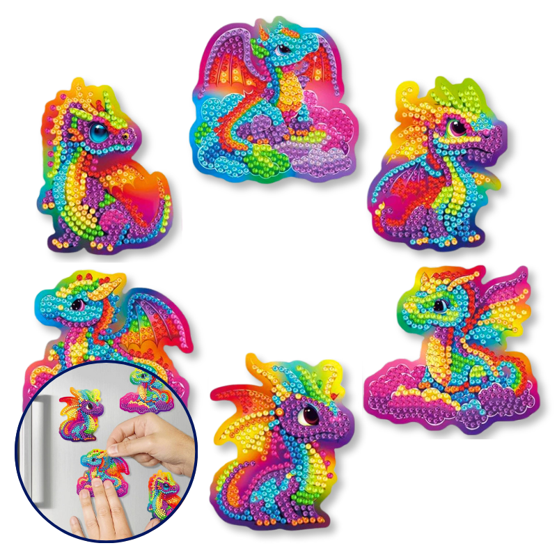 Bunte Diamond Painting Kühlschrankmagnete mit Drachen-Motiven als DIY-Set für Kinder und Erwachsene