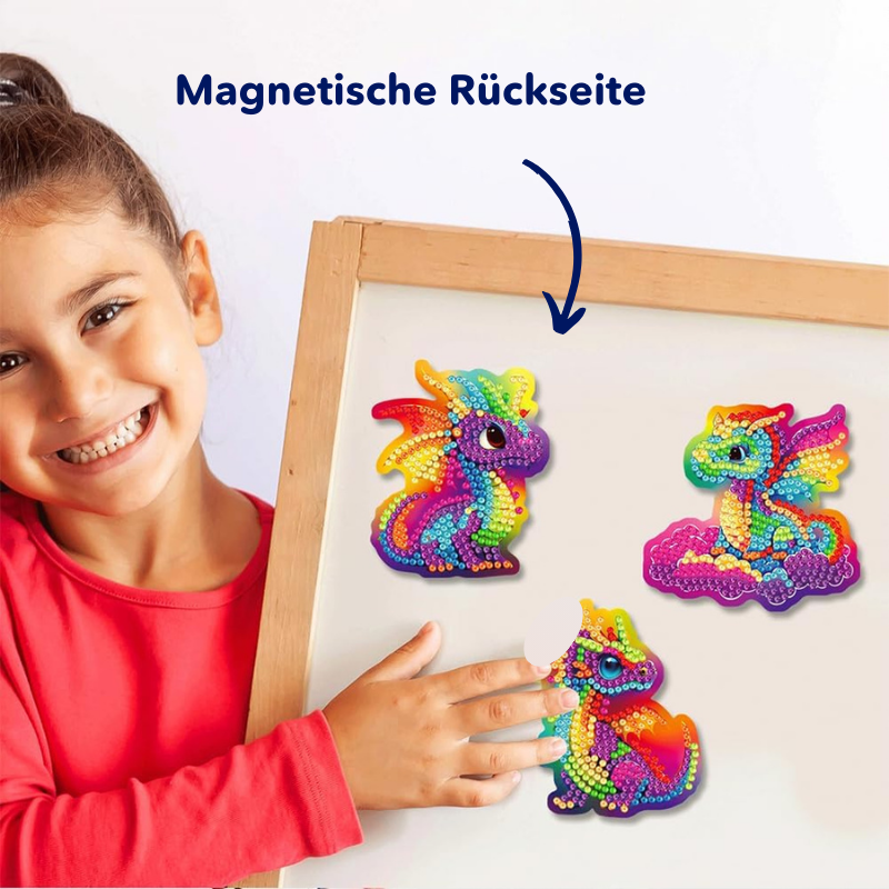 Bunte Diamond Painting Kühlschrankmagnete mit Drachen-Motiven kleben auf einer magnetischen Tafel
