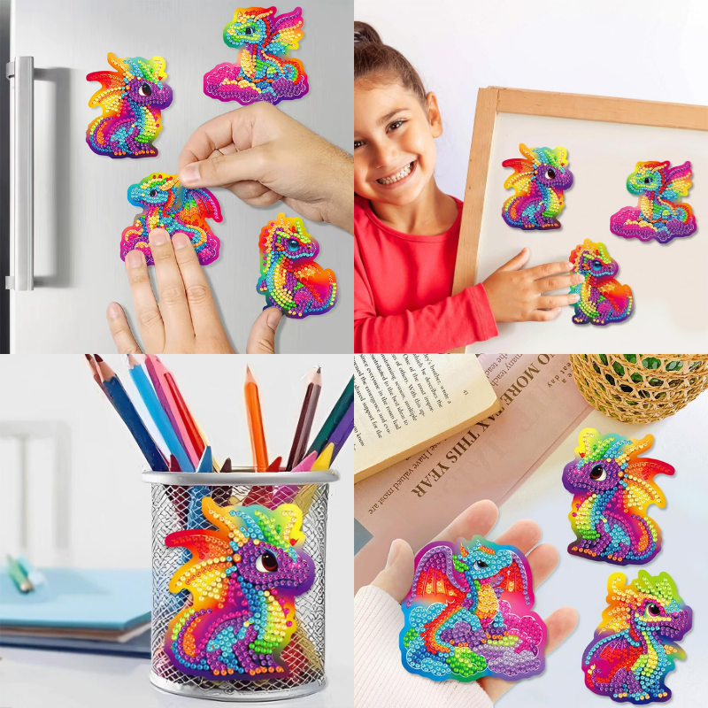 Bunte Diamond Painting Kühlschrankmagnete mit süßen Drachen-Motiven als DIY-Bastelset für Kinder