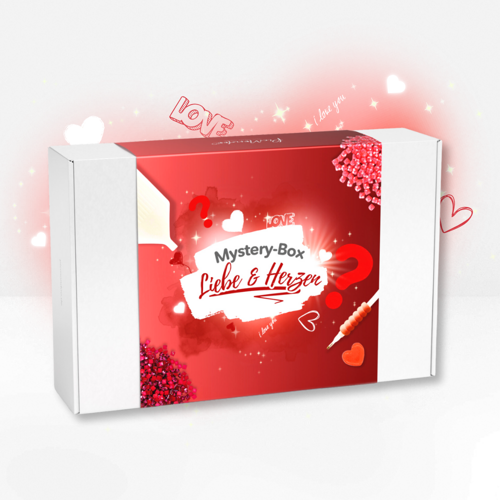 Rote Diamond Painting Mystery-Box Liebe & Herzen mit Glitzersteinen und Bastelzubehör für kreative Romantiker