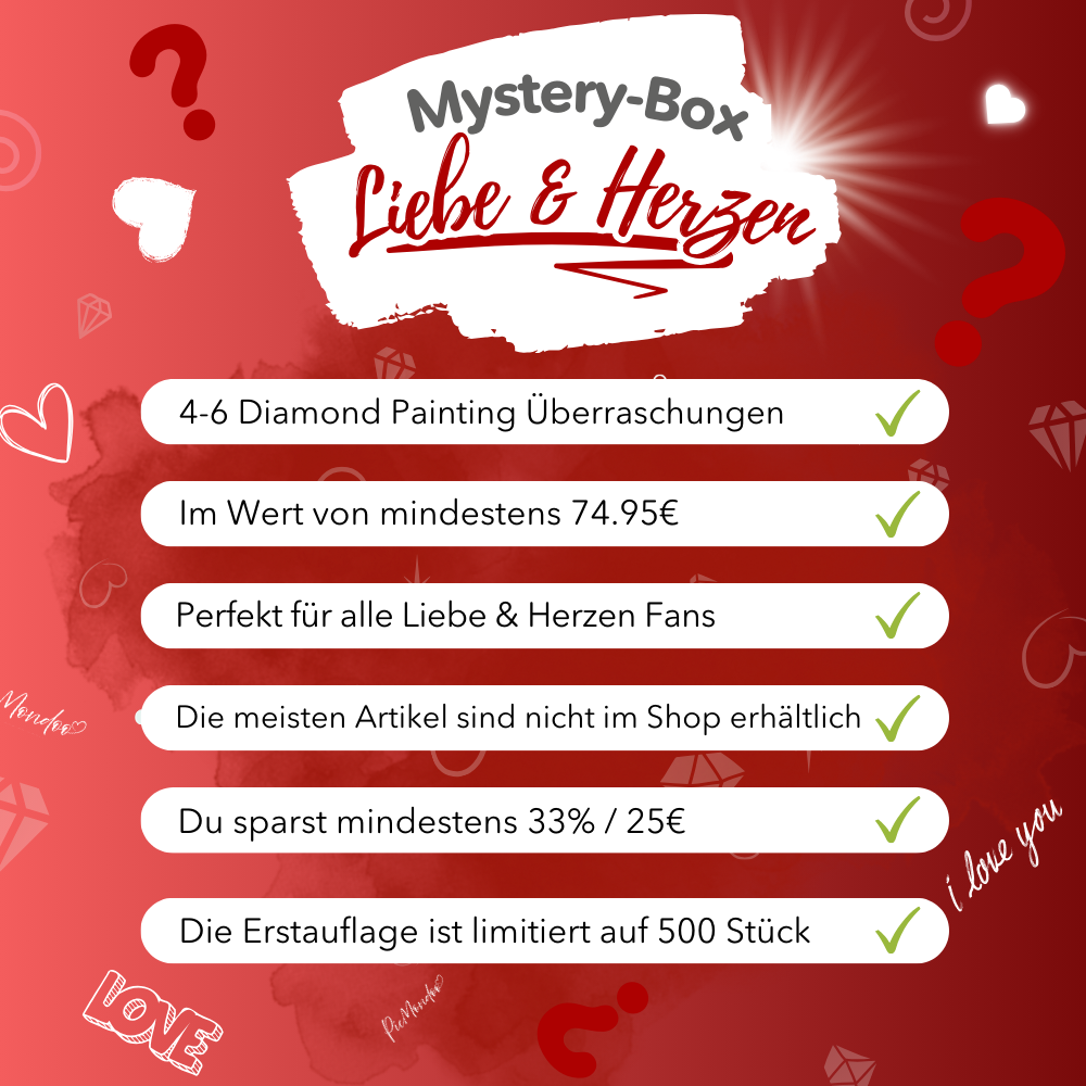 Diamond Painting Mystery-Box zum Thema Liebe & Herzen mit exklusiven Überraschungen für kreative DIY-Bastelsets