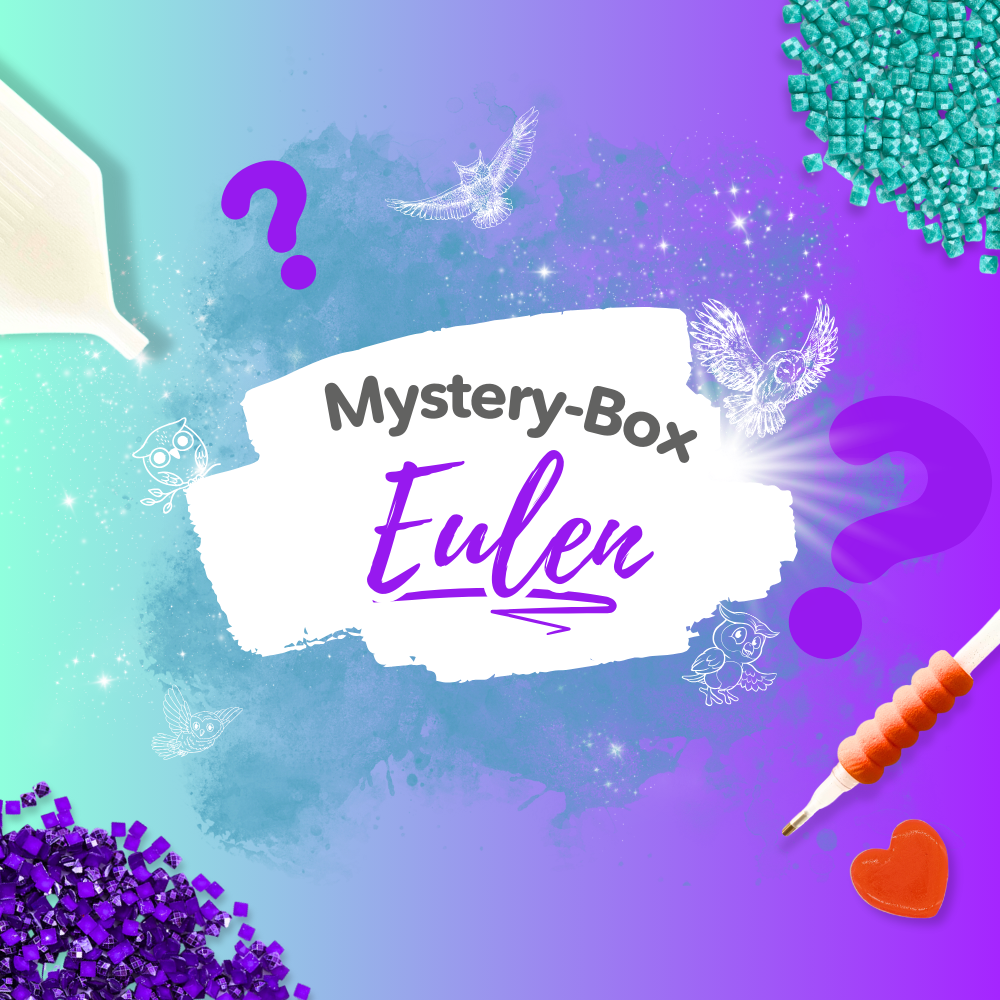 Diamond Painting Mystery-Box Eulen mit Glitzersteinen, Applikator-Stift und Eulen-Motiven in Lila- und Blautönen
