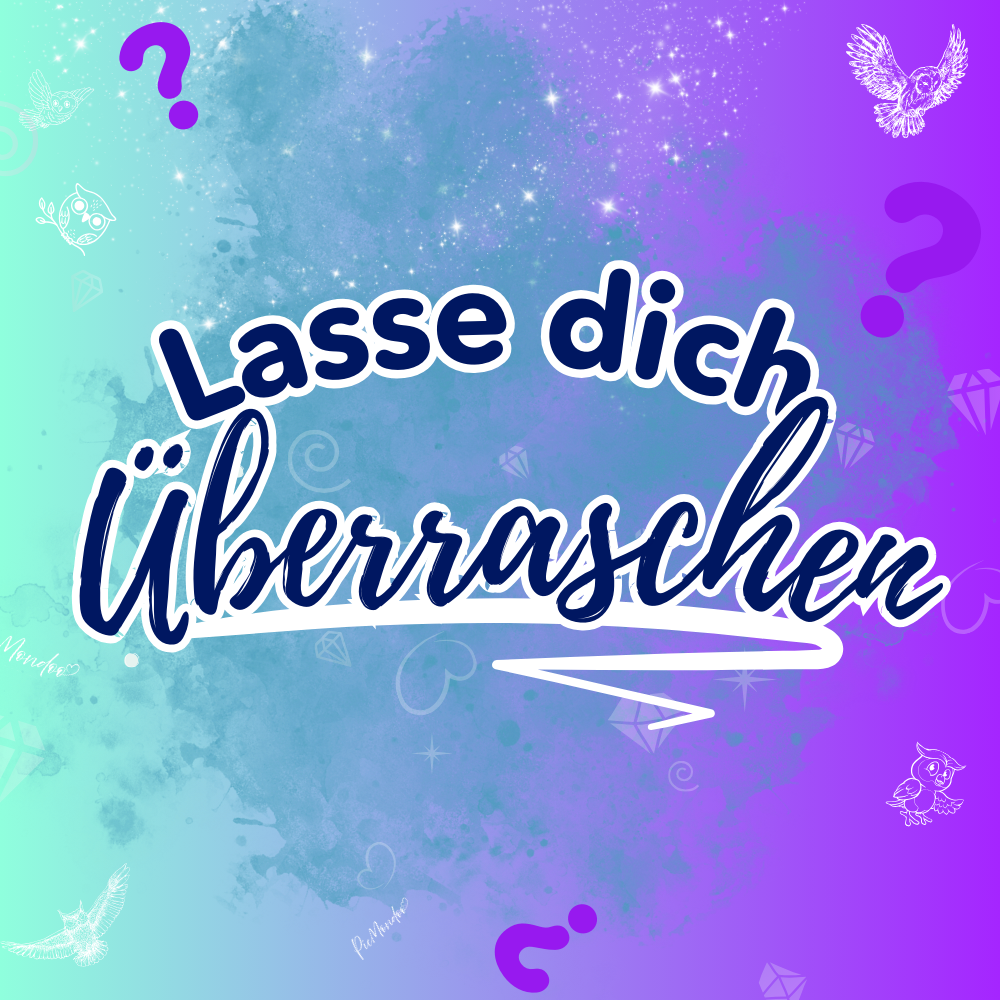 Diamond Painting Mystery Box mit Eulen-Motiven in buntem Design mit glitzernden Details und grafischen Fragezeichen