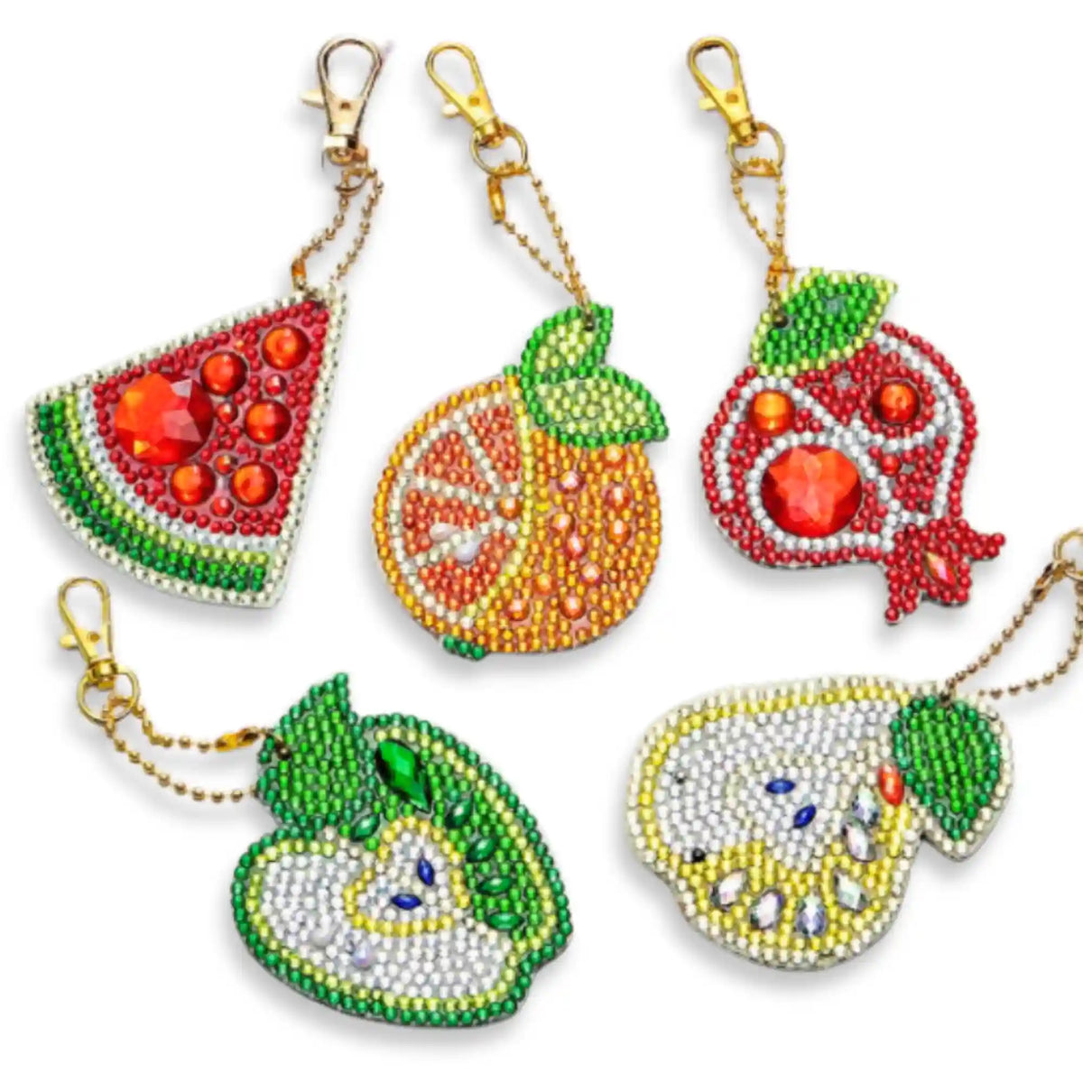 5 Diamond Painting Schlüsselanhänger als bunte Früchte mit glitzernden Steinen für kreative DIY-Bastelprojekte