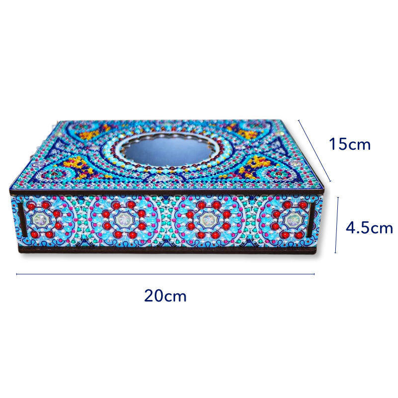 Diamond Painting Aufbewahrungsbox Mystic Mandala mit blauem Stein-Design, 20x15x4,5 cm Holzkiste für Bastelzubehör