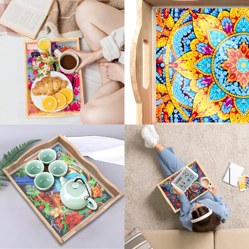 Mit bunten Steinchen verziertes Diamond Painting Serviertablett mit Mandala- und Blumenmotiv für gemütliche Auszeiten.