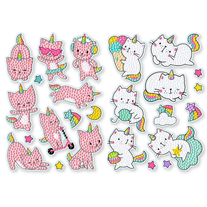 Diamond Painting Sticker Set mit süßen Katzen-Einhorn-Motiven, bunten Glitzersteinen und verschiedenen Sternen-Elementen