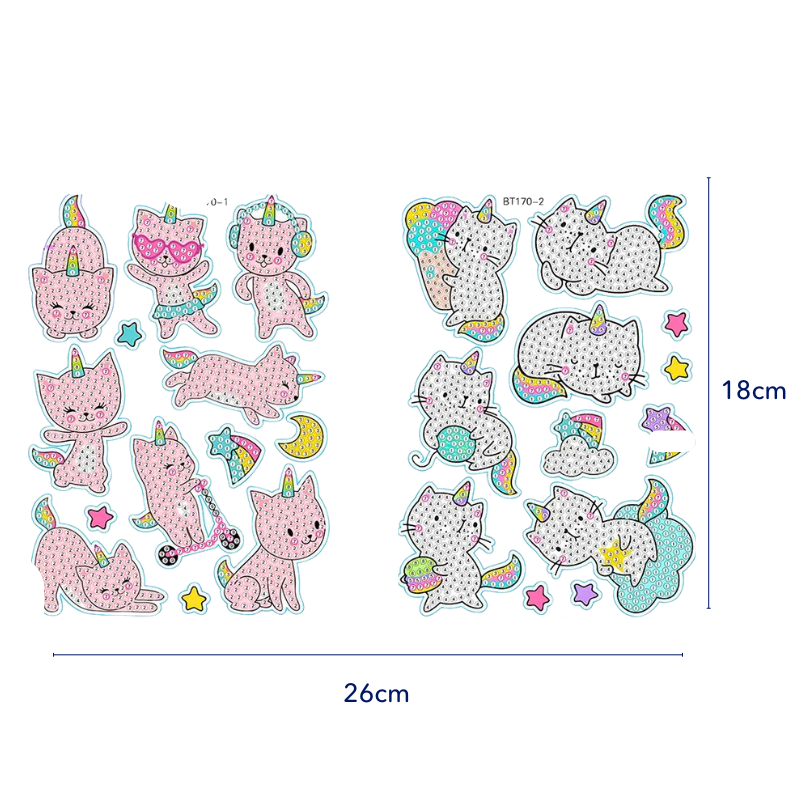 Diamond Painting Sticker Set XL mit süßen Katzen-Einhorn Motiven zum Basteln und kreativen Gestalten für Kinder.