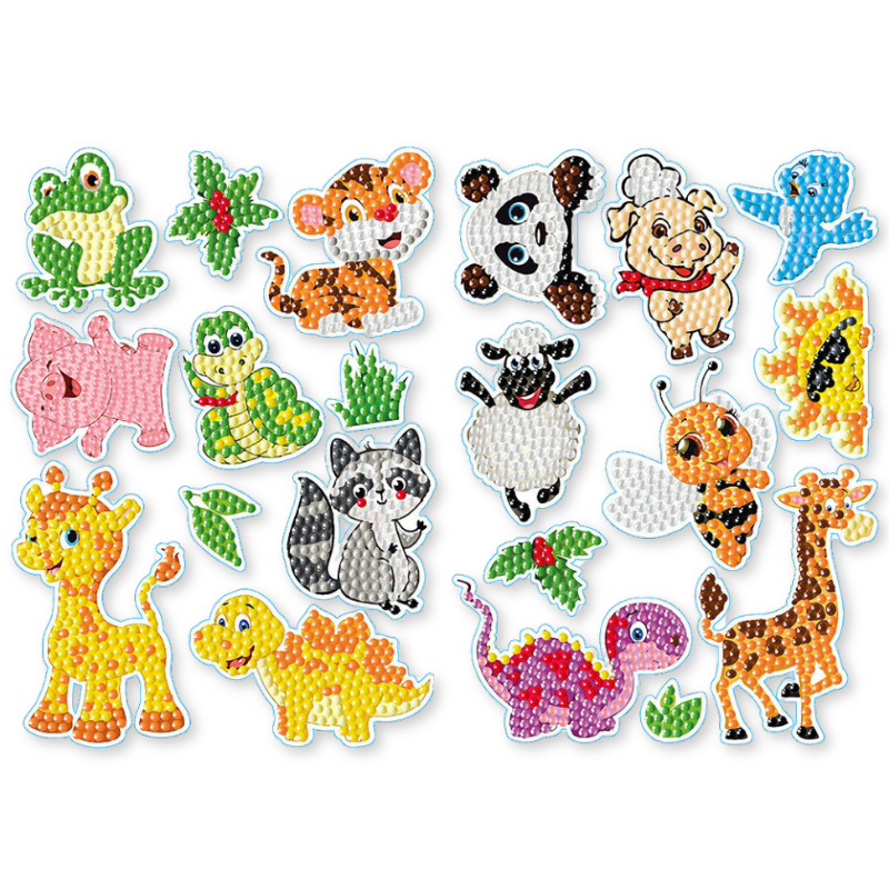 Buntes Diamond Painting Sticker Set XL mit niedlichen Tieren wie Panda, Giraffe, Dino und Biene zum Selbstgestalten.