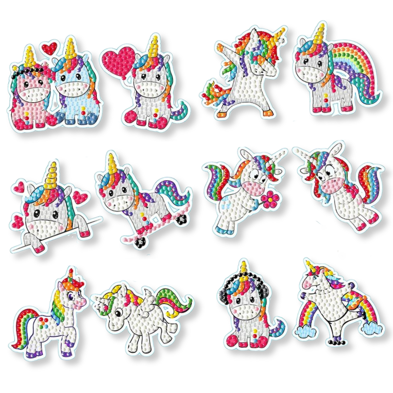 Bunte Diamond Painting Sticker mit süßen Einhorn-Motiven, Regenbogenfarben und Herz-Details für DIY-Bastelprojekte.