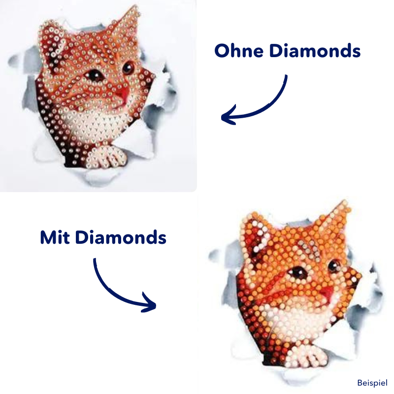 Diamond Painting Sticker Set Lucky Pets: Rotes Katzenmotiv vor und nach dem Anbringen der glitzernden Diamanten