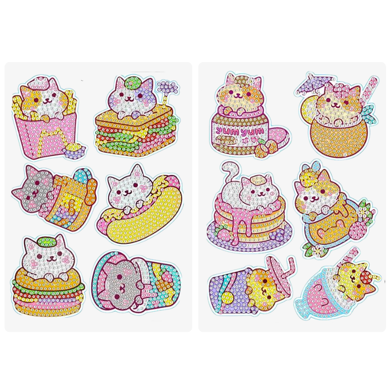 Diamond Painting Sticker Set Yum Yum Cat mit niedlichen Motiven von Katzen mit Essen auf nummerierten Vorlagen
