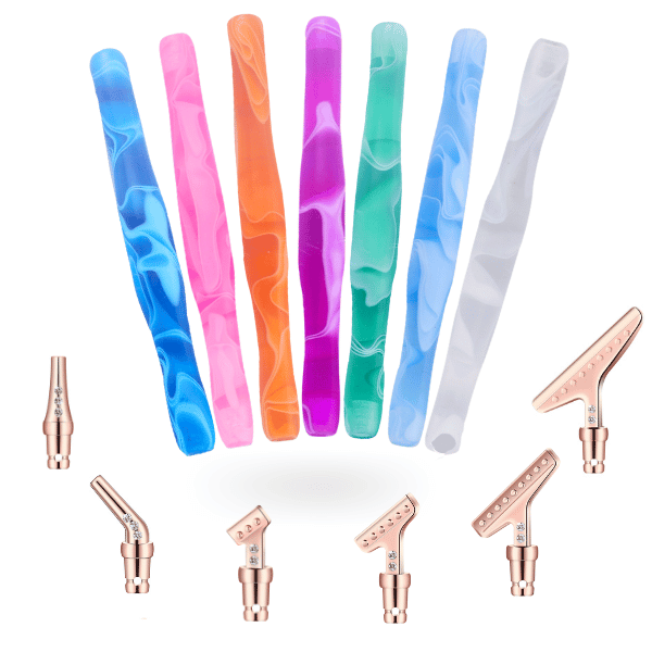 Buntes Diamond Painting Stifte Set mit ergonomischen Griffen und verschiedenen roségoldenen Aufsätzen für Diamanten Painting