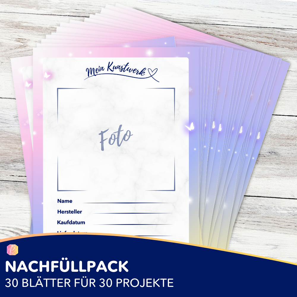 Nachfüllpack mit 30 Tagebuch-Blättern für Diamond Painting Projekte und Malen nach Zahlen Kunstwerke mit Notizfeldern