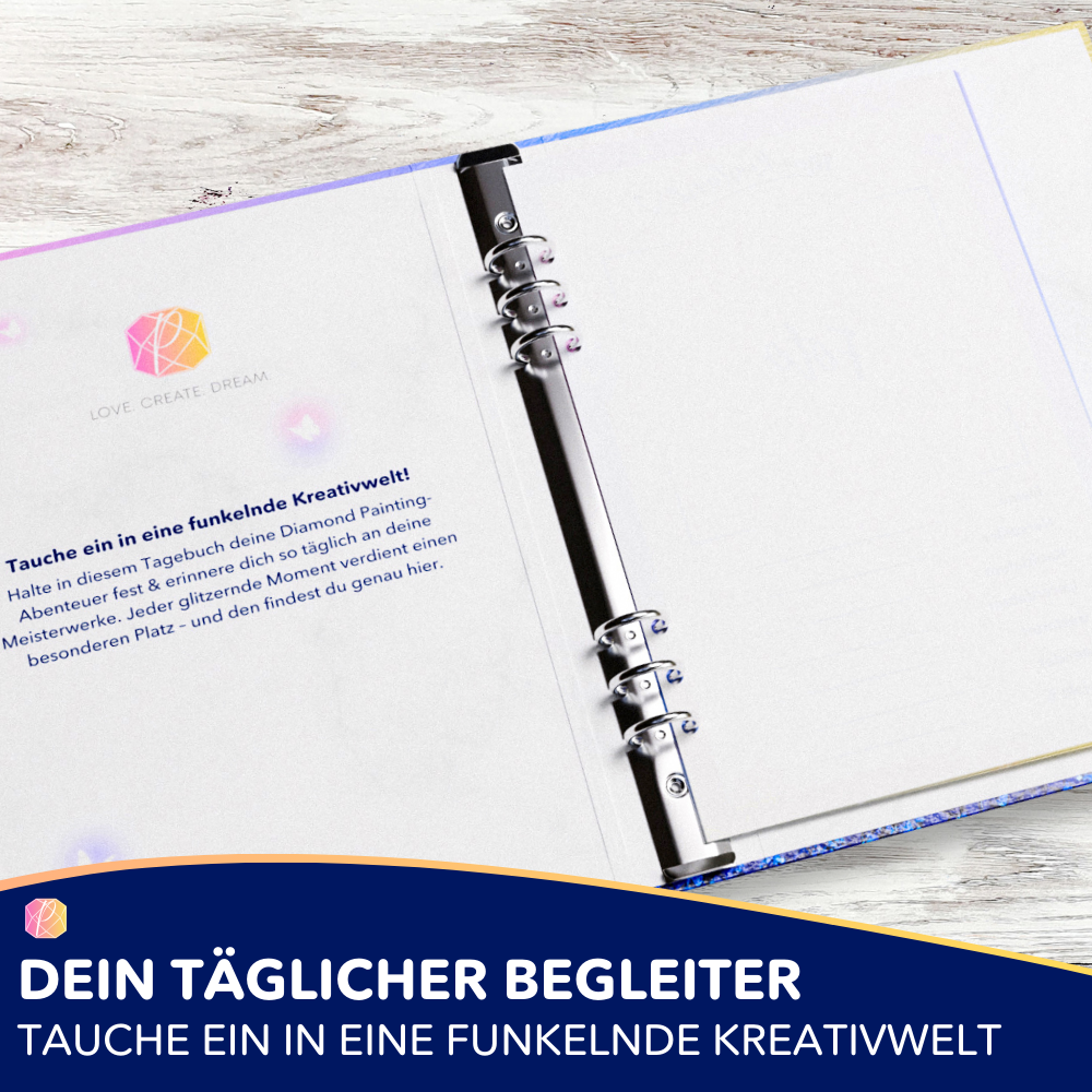 Nachfüllbares Diamond Painting Tagebuch mit Ringbuchmechanik zum Festhalten von kreativen Projekten und Notizen.